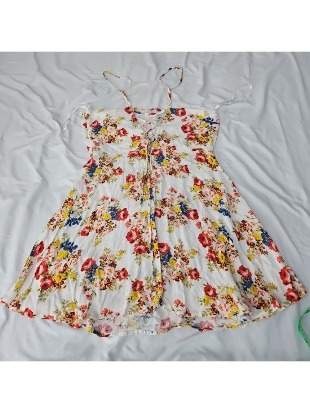 Iris Floral Fit & Flare Sundress Womens L Lace Up Back Cottagecore Boho Mini Dre - Picture 13 of 16